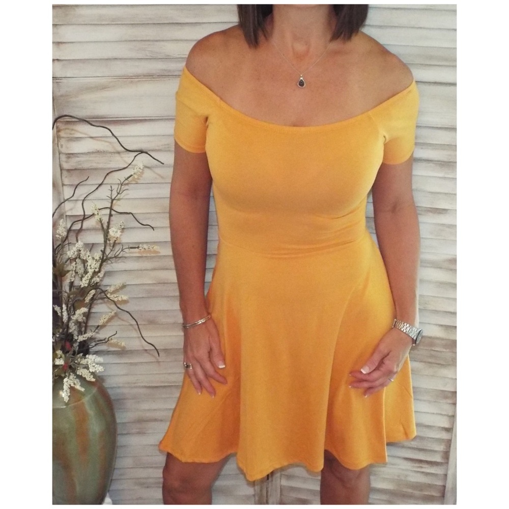 Off Shoulder Cross Back A-Line Dress Yellow S/M/L - Picture 1 of 6